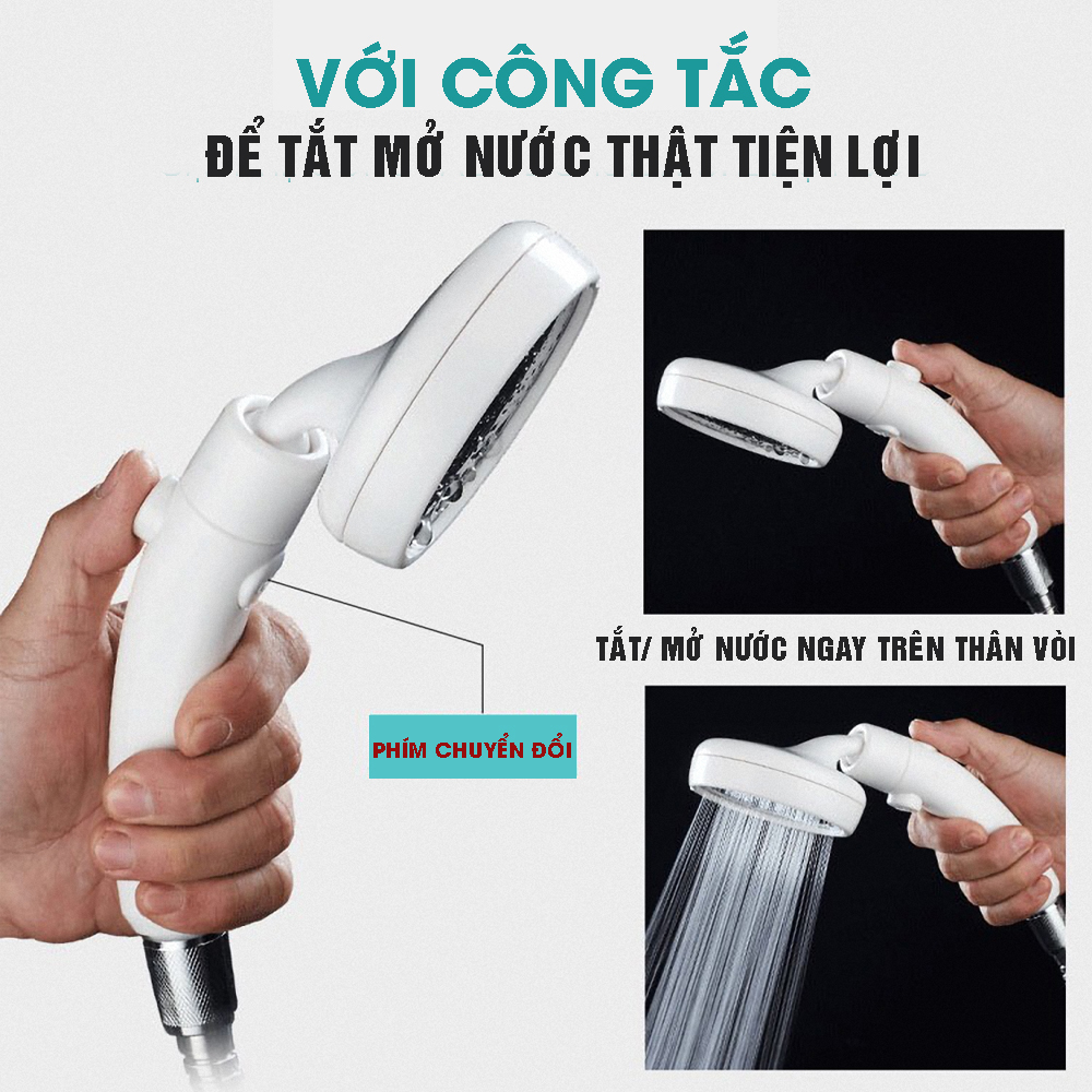 Vòi nước hoa sen áp lực Nhật bản, tiết kiệm nước, gật gù, cổ xoay 360 độ, có nút tắt mở Stop trên thân vòi tiện lợi Mihoco 122