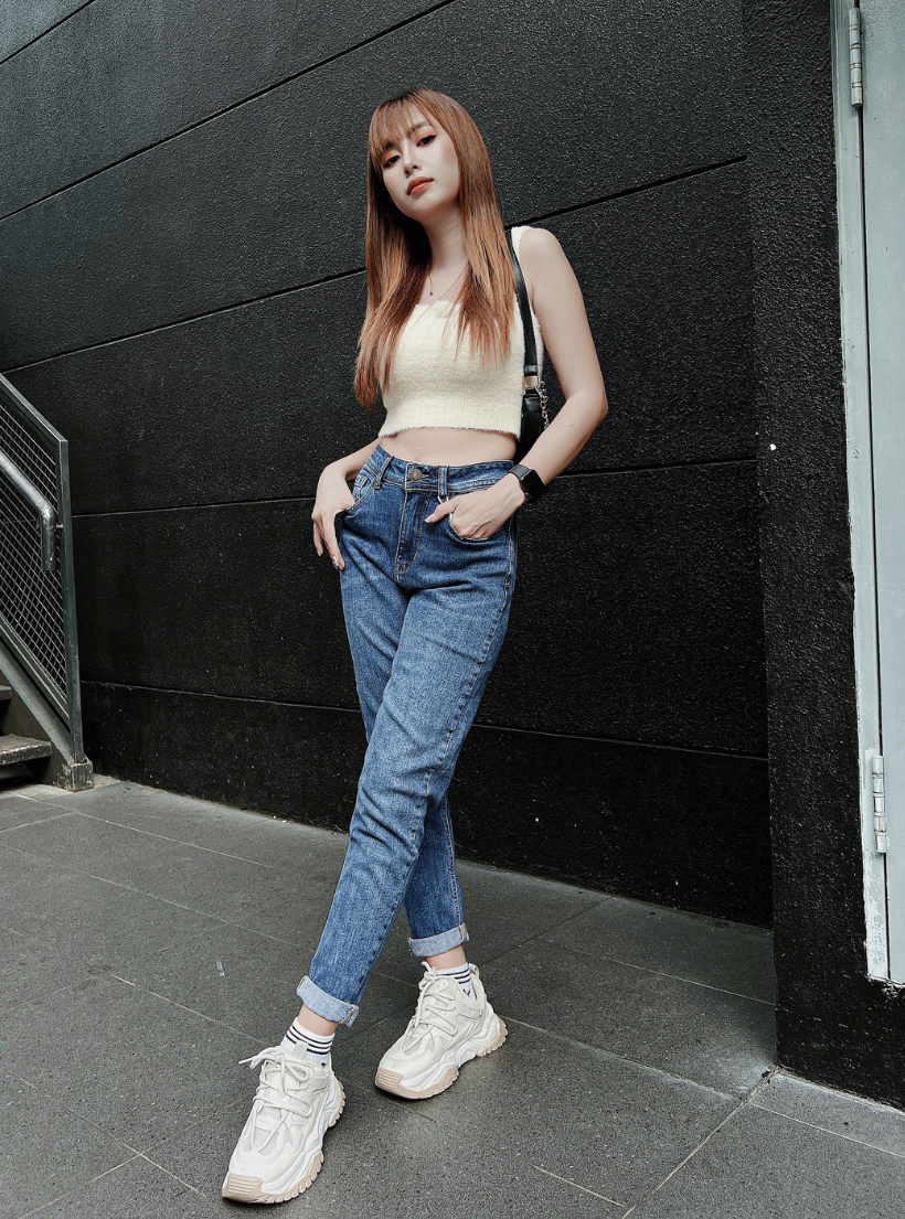 Quần jean nữ boyfriend baggy trơn dài co giãn HQJEANS