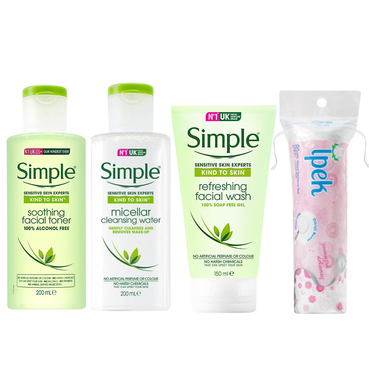 Combo Nước Tẩy Trang Simple 200ml, Gel Rửa Mặt Simple 150ml Và Nước Hoa Hồng Simple 200ml  + Tặng Túi Bông Tẩy Trang Ipek 80 Miếng