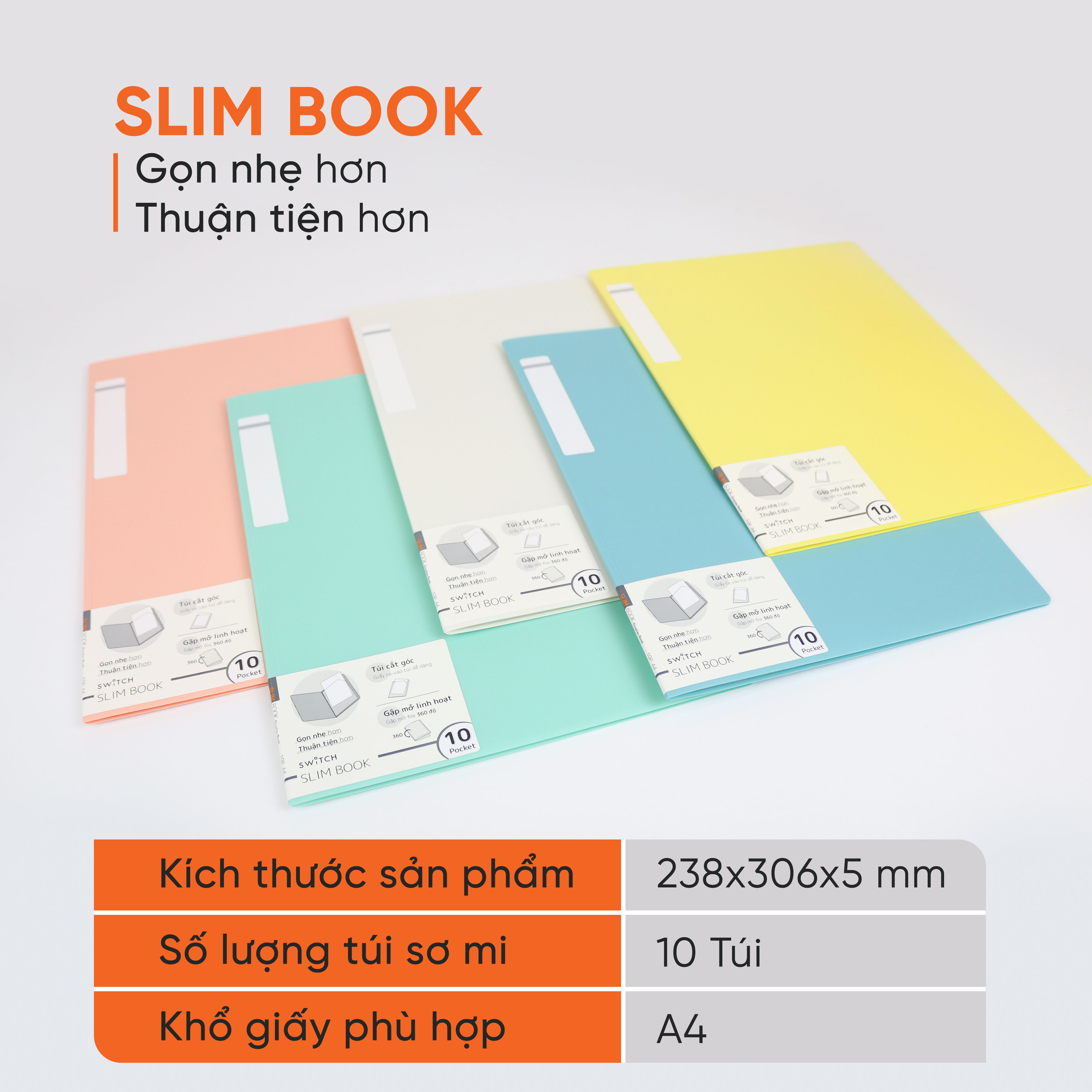 Bìa 10 Lá Slim Book Switch ON AO+, Bìa PP/ A4 - Túi đặc biệt