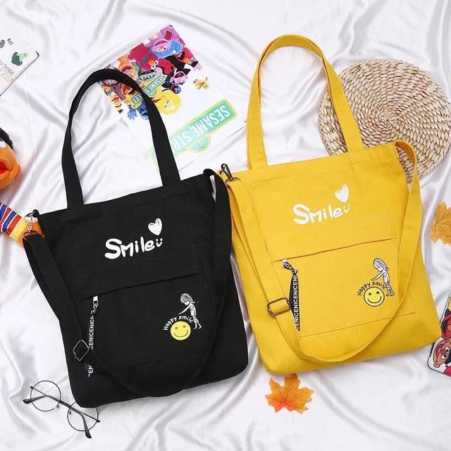 Túi ToTe đeo chéo và đeo vai thời trang kiểu mới chữ HAPPY SMILE of KITI SHOP 01 HOT có khóa kéo vừa A4