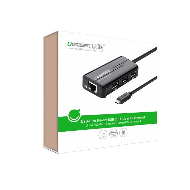 Ugreen UG3028930289TK Màu Đen Cáp chuyển đổi TYPE C sang 3 USB 3.0 + LAN - HÀNG CHÍNH HÃNG