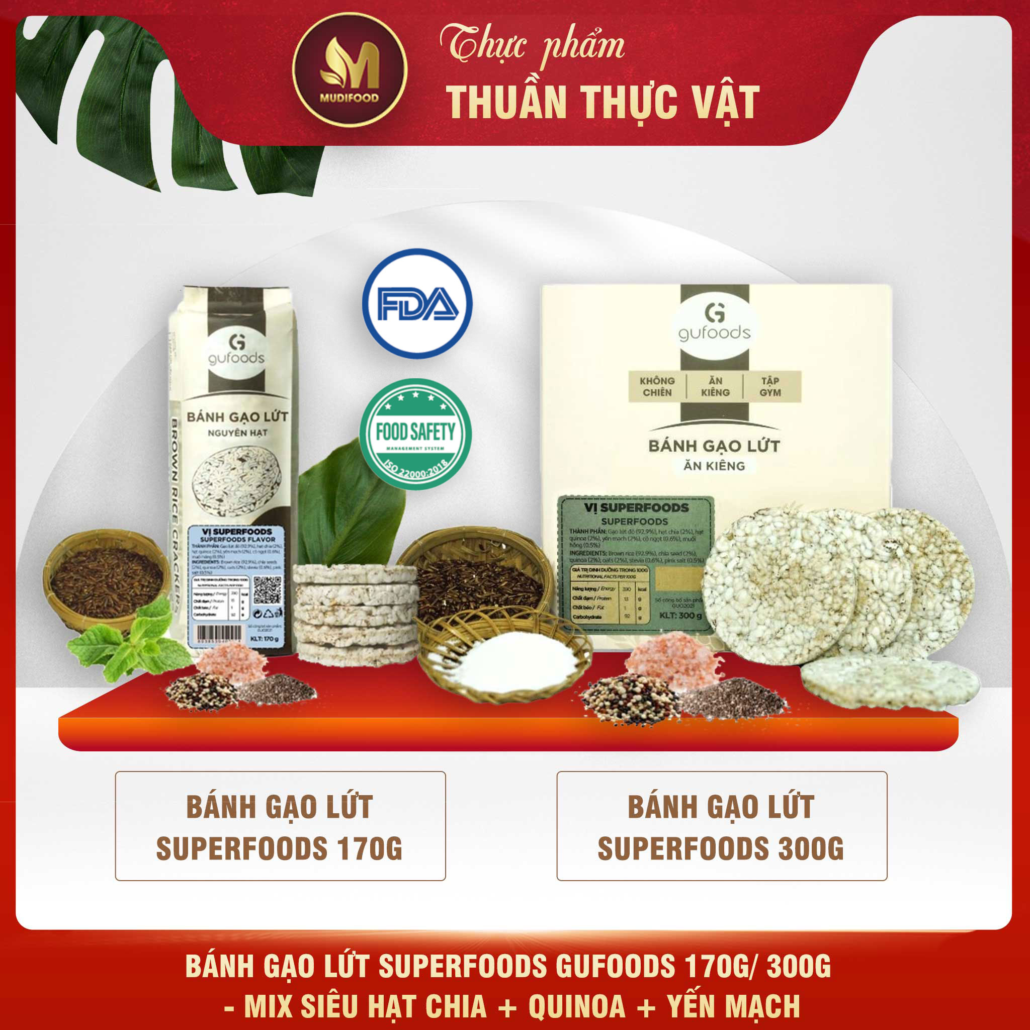 - Bánh Gạo Lứt GUfoods 170g/ 300g - Mix siêu hạt chia + quinoa + yến mạch - Ăn kiêng, Tập gym, Thực dưỡng