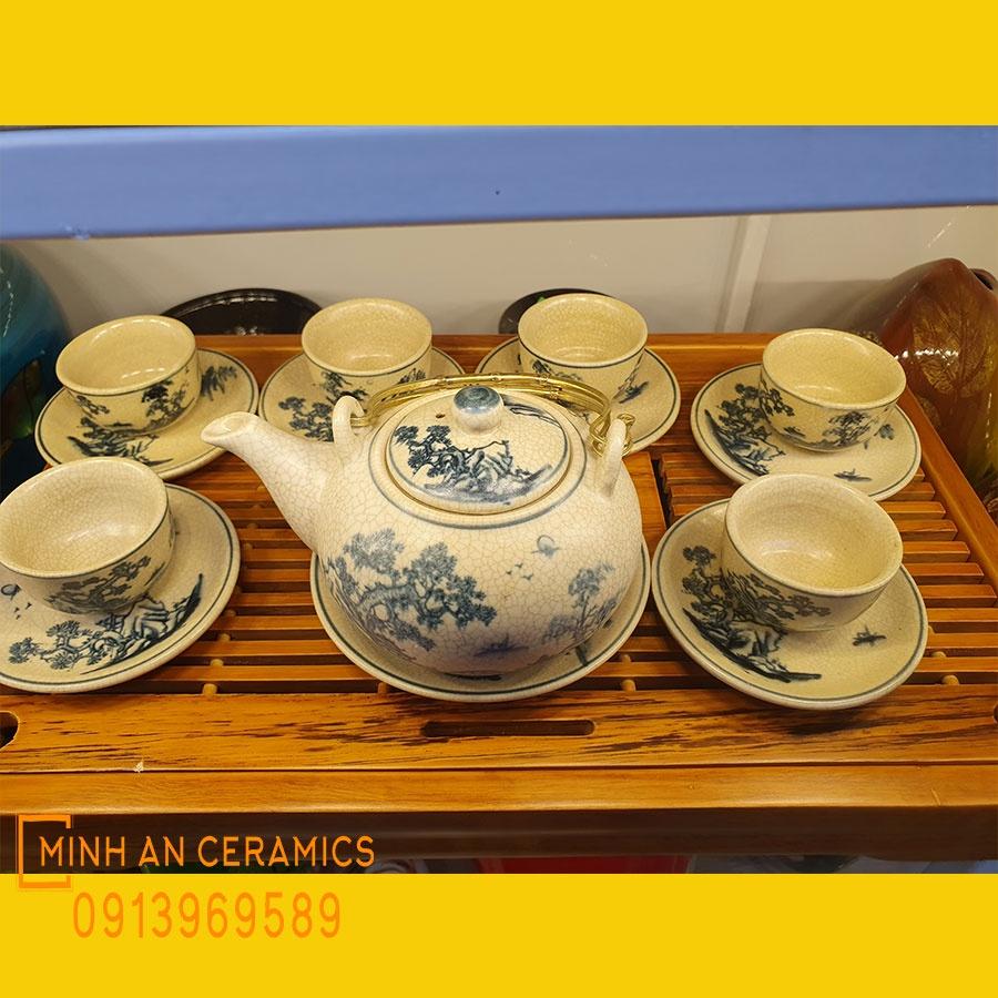 Bộ ấm chén men rạn giả cổ dáng ấm Nhật gốm Minh AN Bát Tràng hoa văn vẽ cây Tùng