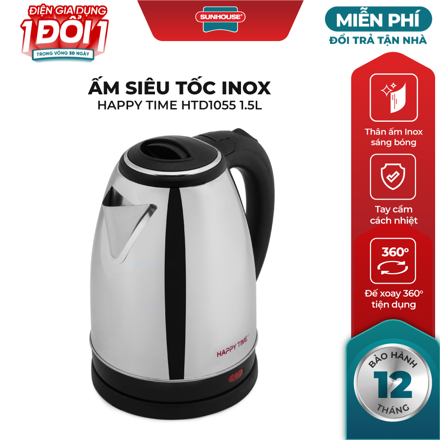 Ấm Siêu Tốc Inox SUNHOUSE HAPPY TIME HTD1055 (1.5L) - Hàng Chính Hãng