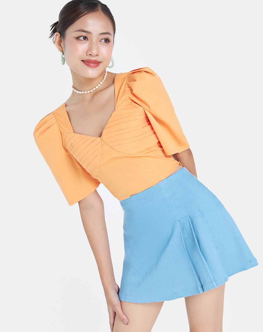 Áo Kiểu Thời Trang JUNO Croptop Tay Phồng Xếp Ly Ngực JNAKI010