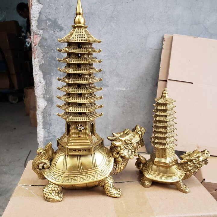 Tượng long quy rùa đầu rồng cõng tháp văn xương bằng đồng thau Size 16cm