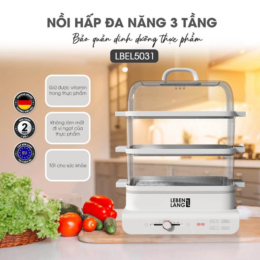 Nồi hấp điện đa năng LEBENLANG LBEL5031 nồi hấp 3 tầng, siêu tiện lợi, dung tích 18L, công suất 900W - hàng chính hãng