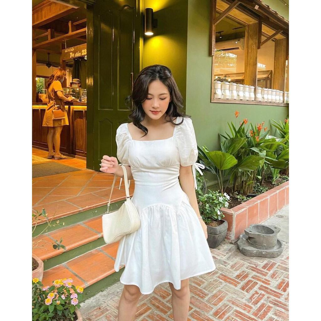 ĐẦM DỰ TIỆC COTTON LỤA TRẮNG CỔ VUÔNG ÔM EO DÁNG XÒE TAY LỠ CỘT NƠ