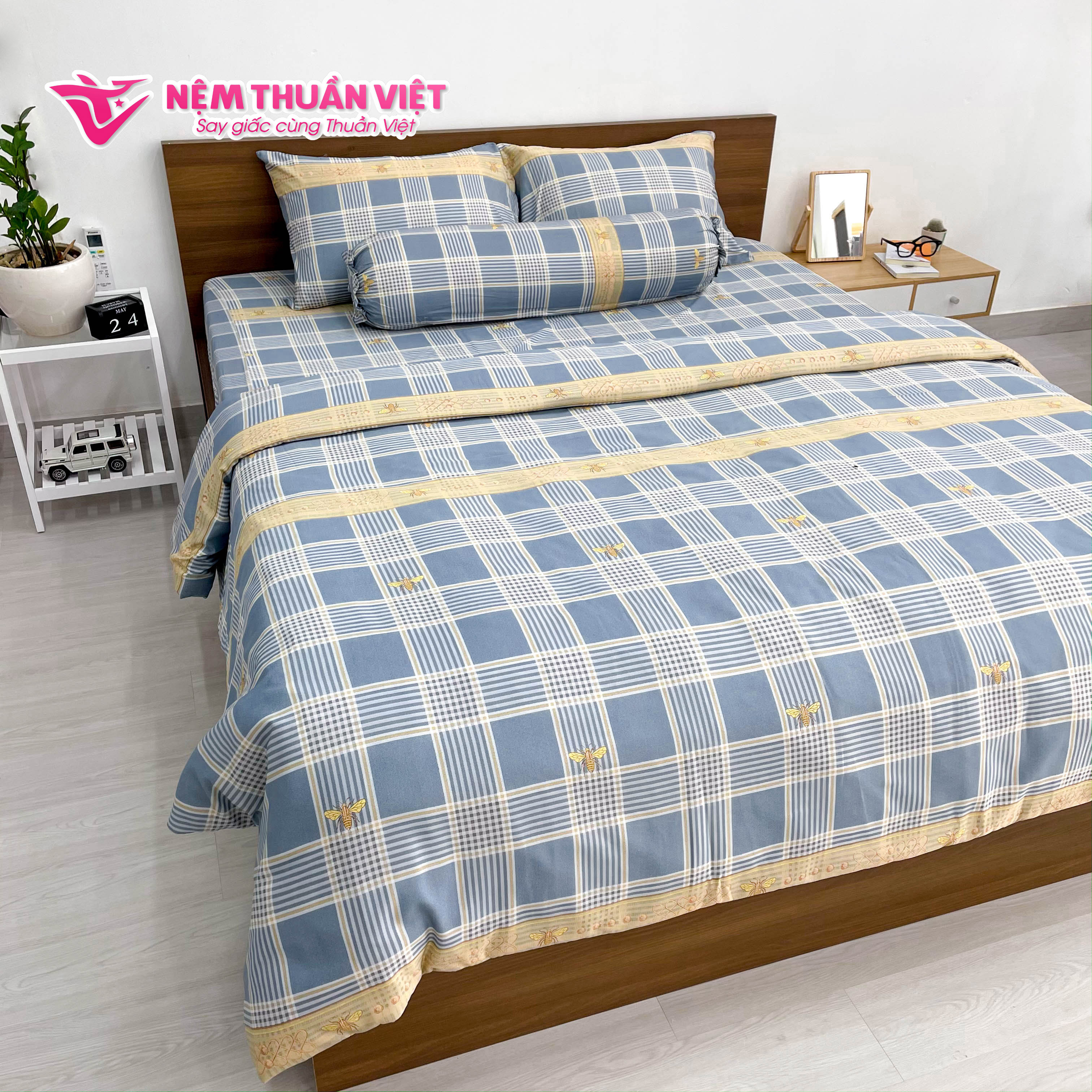 Chăn Mền Tencel Thuần Việt Cao Cấp - Họa Tiết Kẻ Sọc Con Ong TVM04180x200