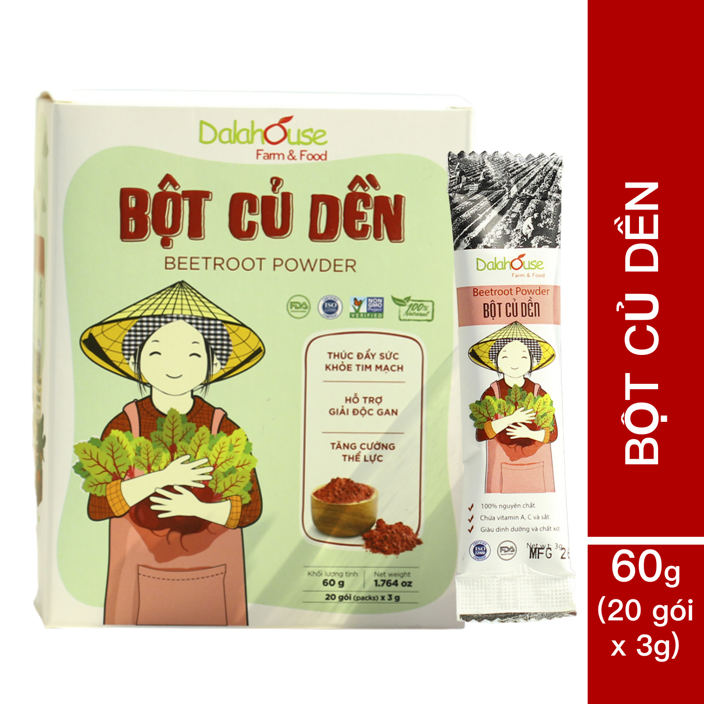 Bột củ dền Dalahouse Hộp 60gr (Mẫu mới gồm 20 tuýp tiện dụng) - Nguyên chất sấy lạnh - Organic giúp bổ máu - Đạt tiêu chuẩn Châu Âu