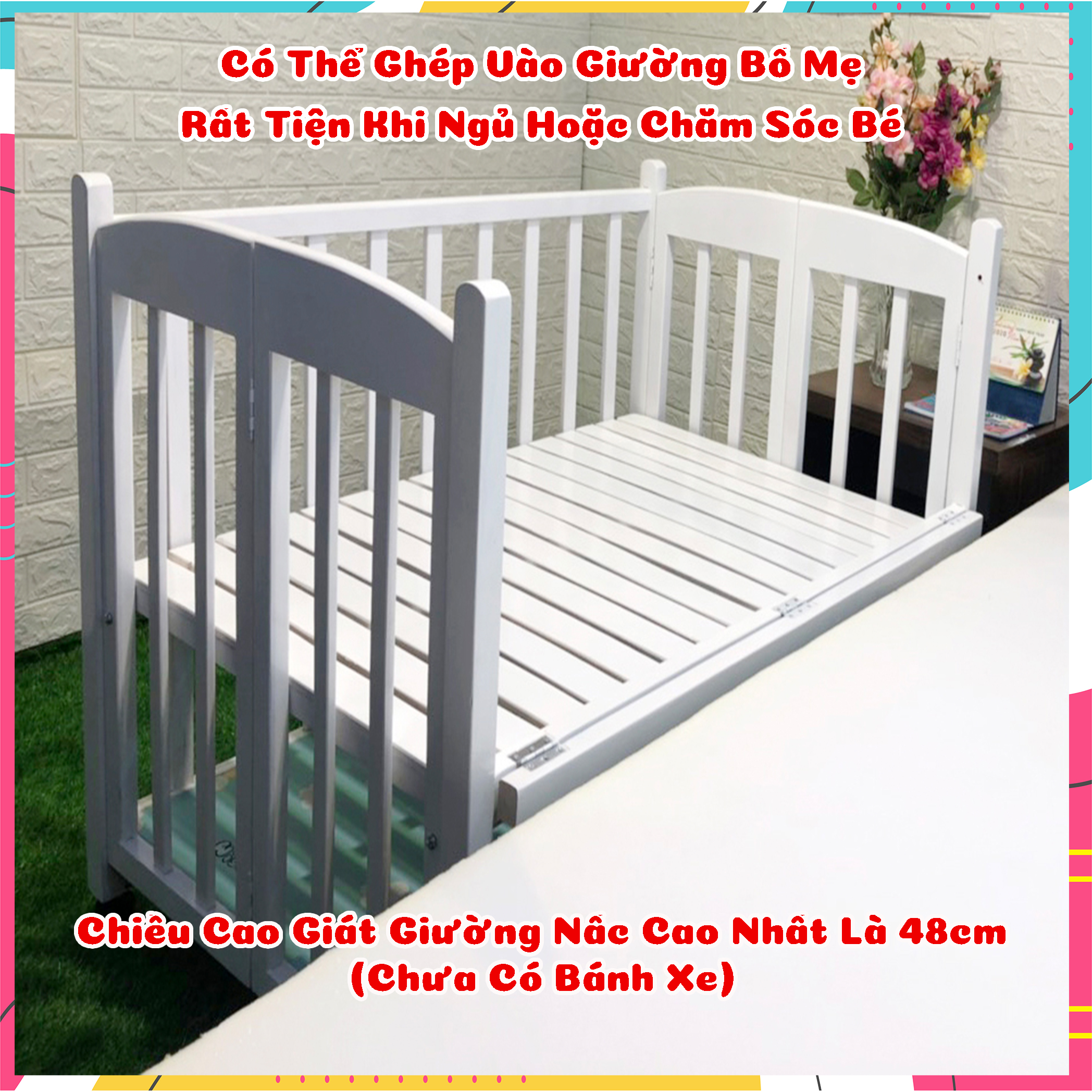 Giường cũi màu trắng tất cao cấp cho bé - 80x120x90