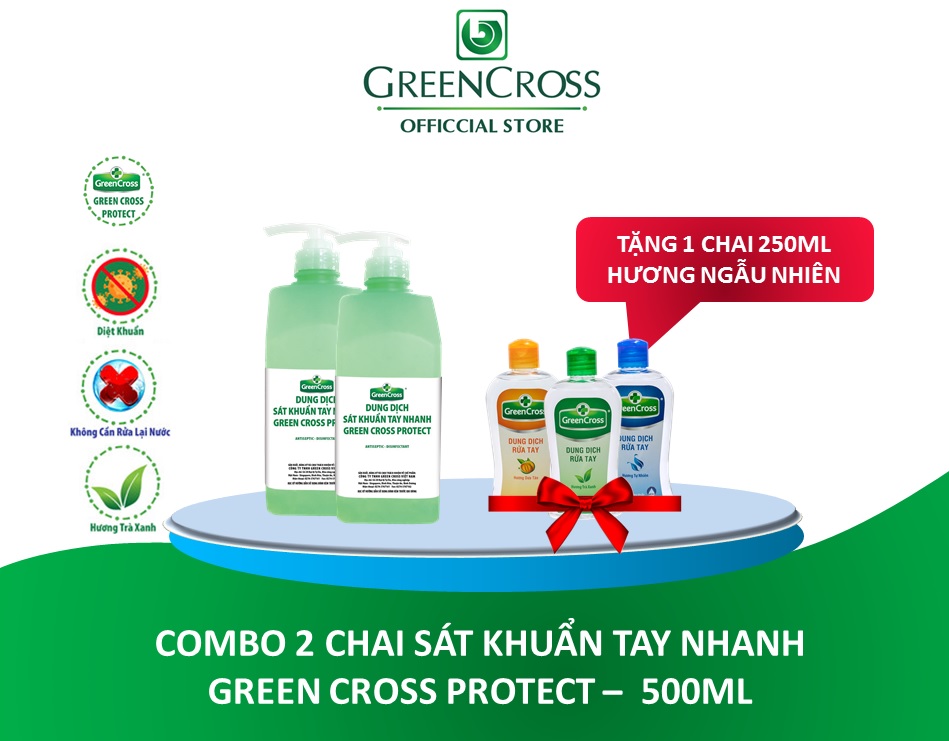 COMBO 2 CHAI 500ML SÁT KHUẨN TAY NHANH GREEN CROSS PROTECT - Tặng thêm 1 chai Green Cross 250ml Greentea