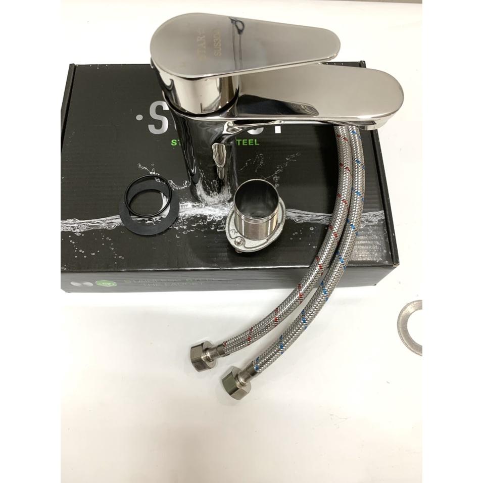 Vòi Lavabo Rửa Mặt Nóng Lạnh Thân Tròn Inox 304 Bóng
