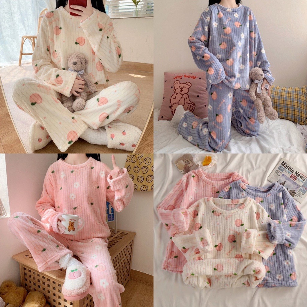[ Hot loại 1 ] Bộ mặc nhà nỉ lông  hoạ tiết trái đào mềm siêu ấm áp, bộ ngủ lông cừu mẫu mới 2022