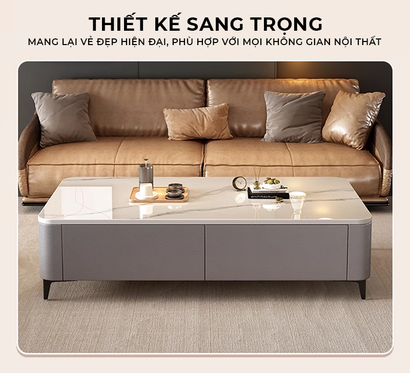 Bàn trà sofa phòng khách họa tiết vân đá bọc da cao cấp phong cách sang trọng - GP379