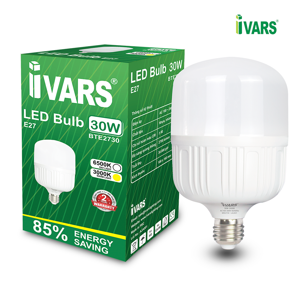 Đèn LED BULB Thương Hiệu IVARS - Công Suất 30W - Hàng chính hãng