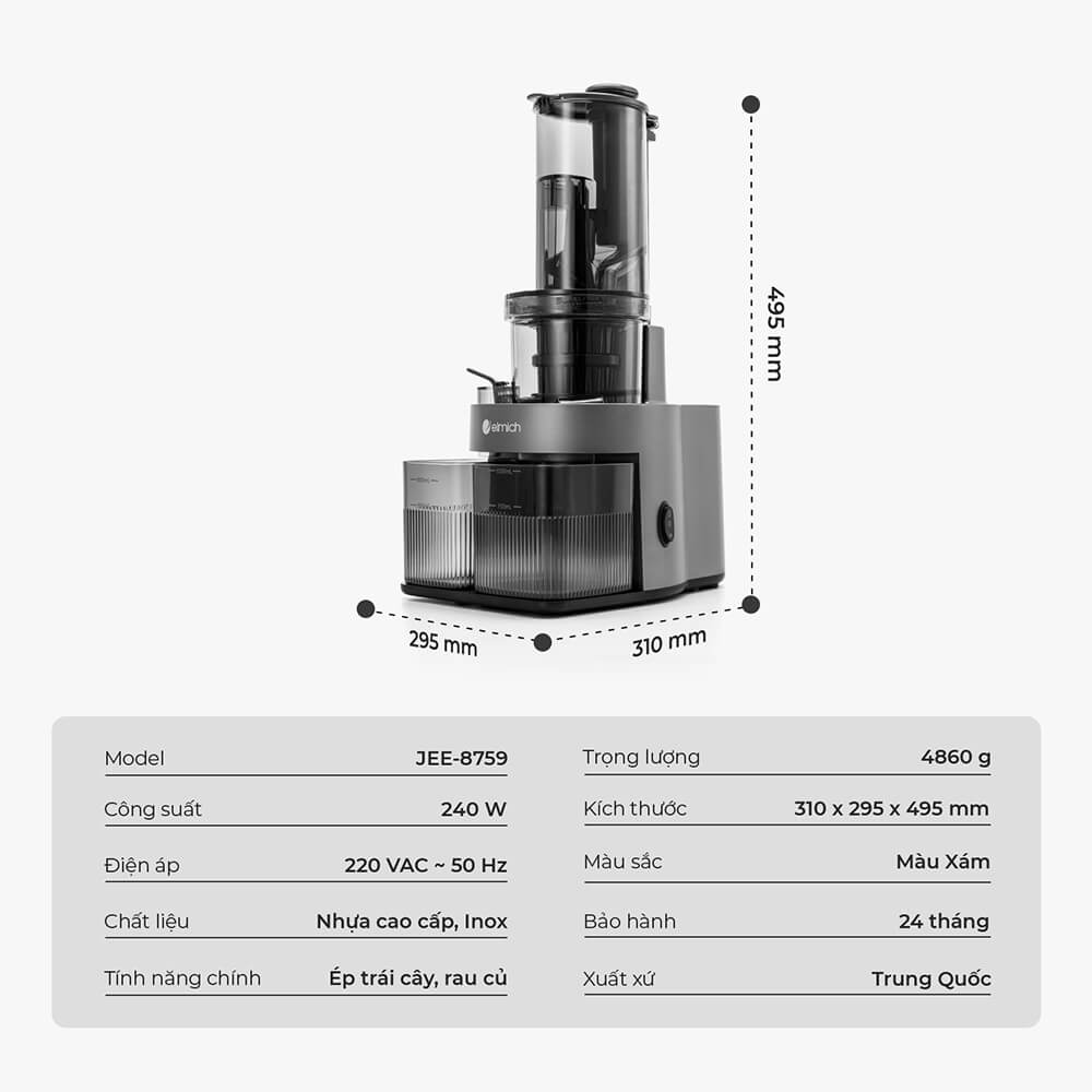 Máy ép chậm Elmich JEE-8759, công suất 240W mạnh mẽ ép kiệt bã, giữ lại chất dinh dưỡng và hương vị trong trái cây,độ ồn dưới 58dB, ép kiệt tới 98% - Hàng chính hãng