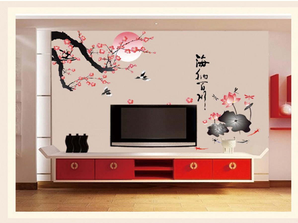 Decal dán tường hoa đào và hoa sen đỏ