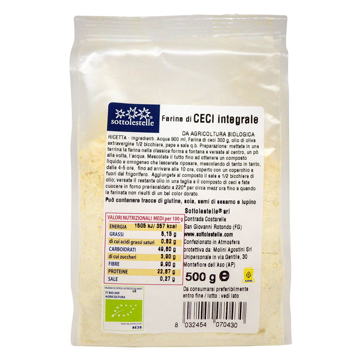 Bột đậu gà nguyên cám hữu cơ Sottolestelle 500g Organic Chickpea Flour