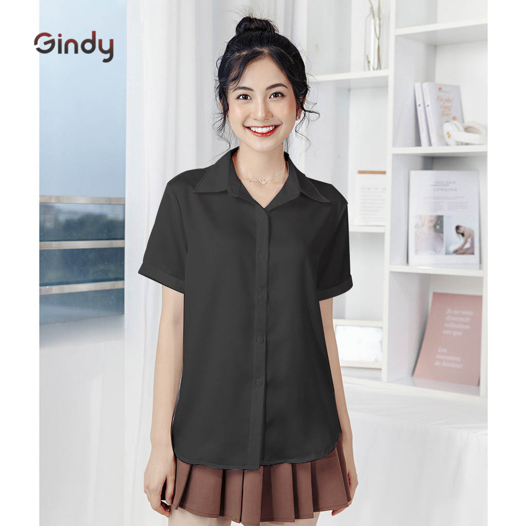 Áo sơ mi nữ lụa trơn tay ngắn GINDY form rộng sơmi kiểu Hàn Quốc thời trang công sở, học sinh A5147