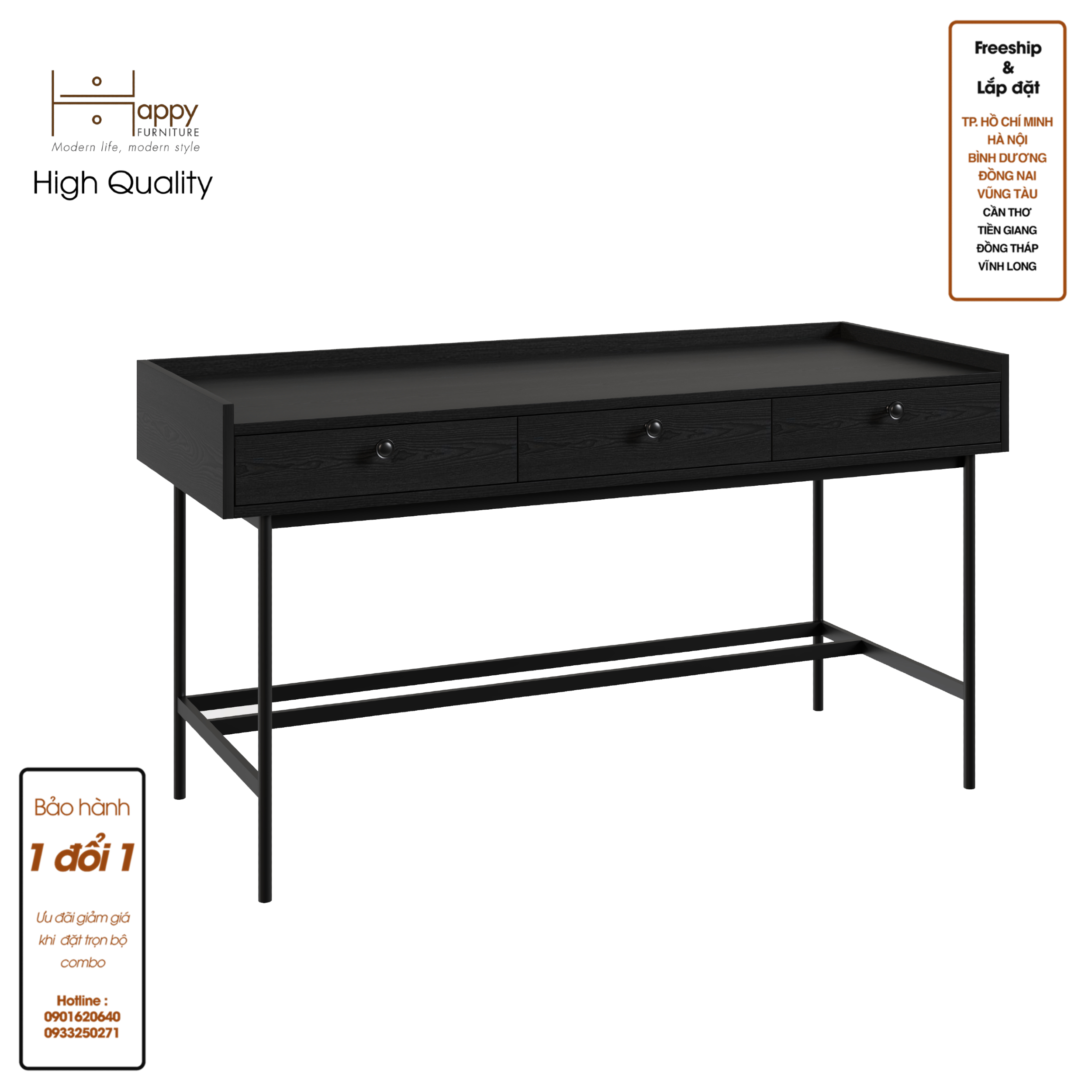 KINA , Bàn làm việc 3 ngăn - chân sắt , 140cm x 55cm x 75cm , BAN_041