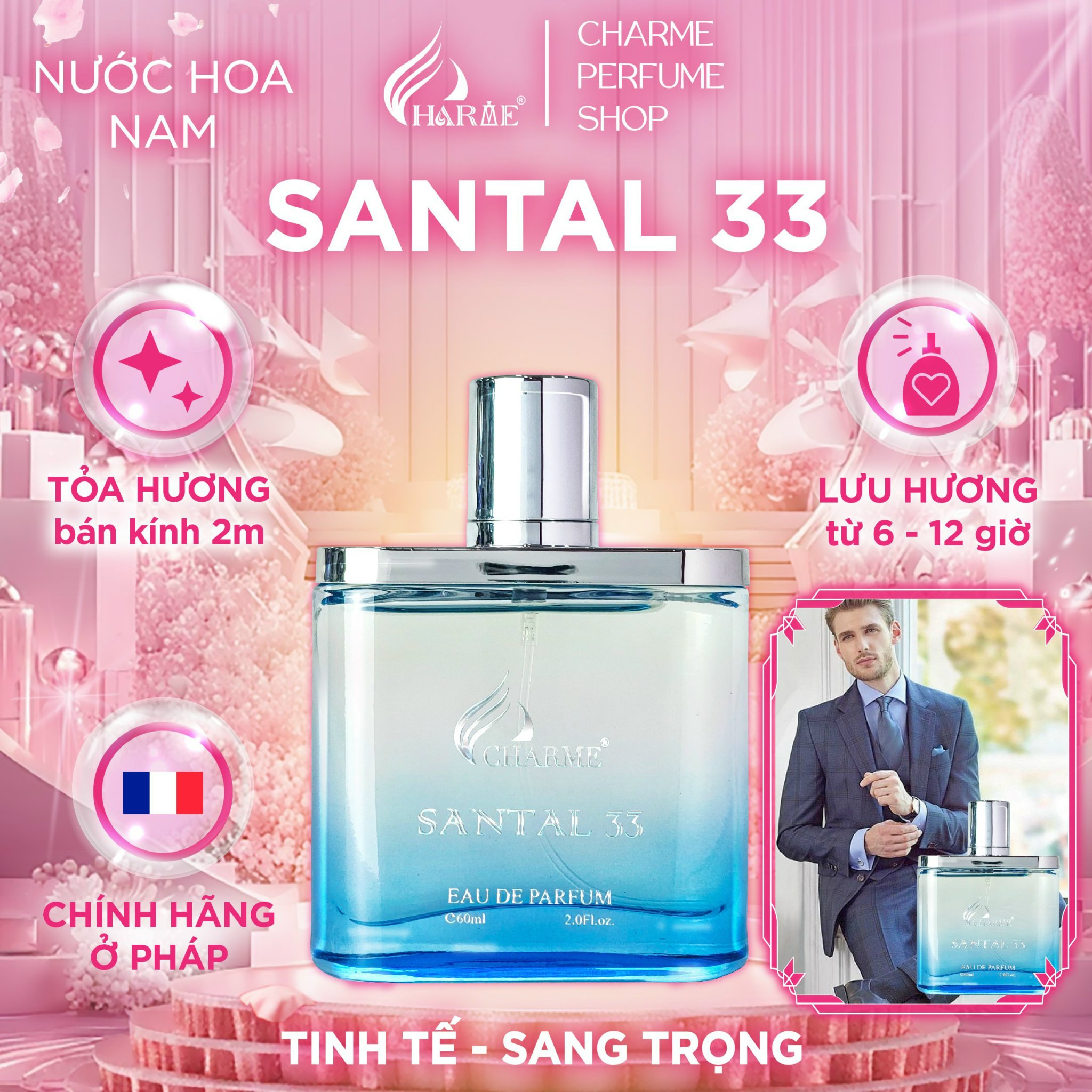 Nước Hoa Nam CHARME SANTAL33 60ml Lưu Hương Lâu Nam Tính, Sang Trọng_Nước Hoa Chính Hãng