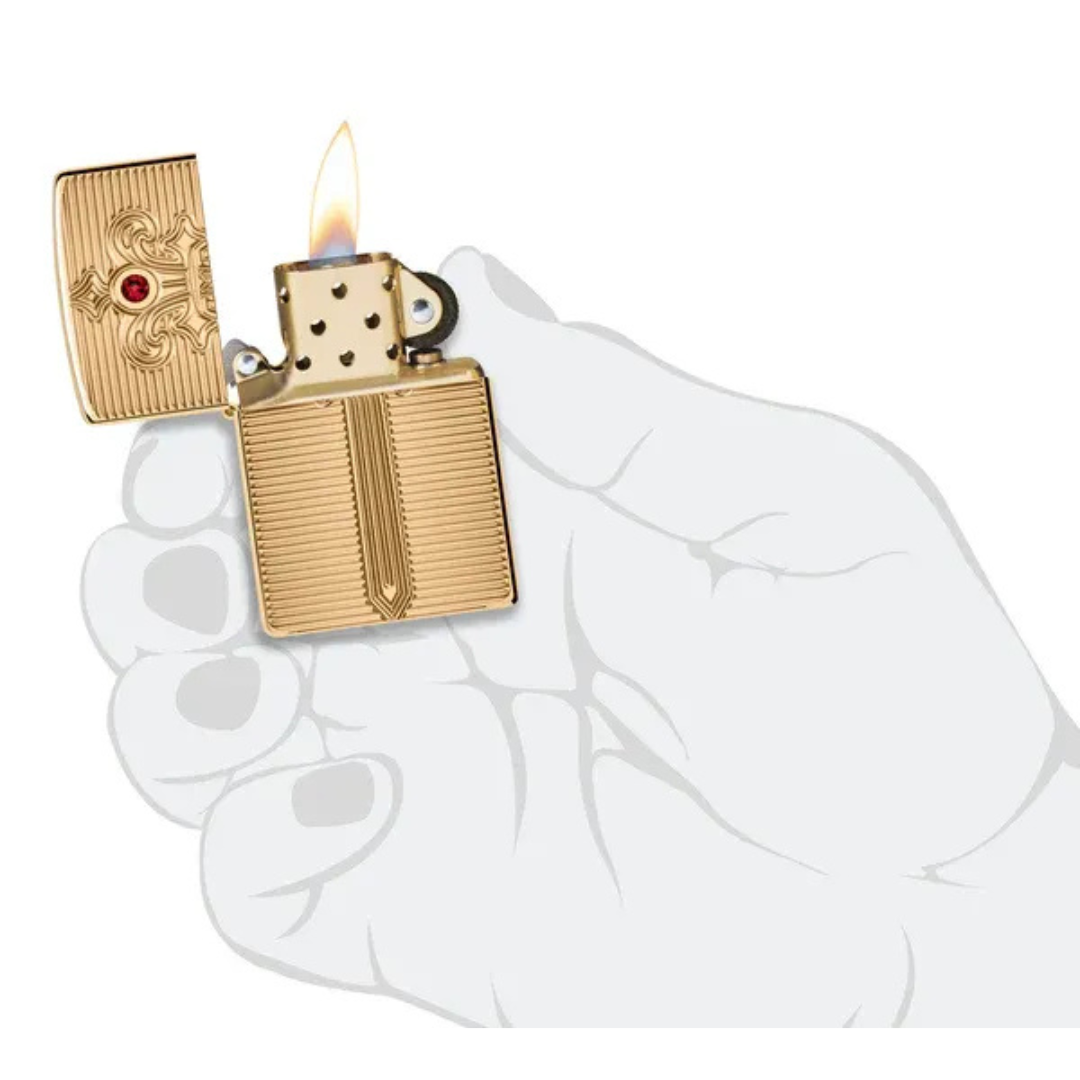 Bật Lửa Zippo Armor Royal Saber Design – Zippo High Polish Brass Khắc Sâu Deep Carve Đính Đá Ruby Chính Hãng USA