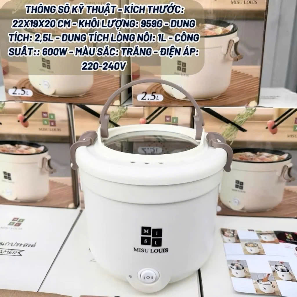 Nồi Lẩu Điện Mini Đa Năng 2.5L MISU LOUIS - Nồi Nấu Mì, Hấp, Chiên, Lẩu Mini Có Xửng Hấp 600W - HÀNG CHÍNH HÃNG MINIIN