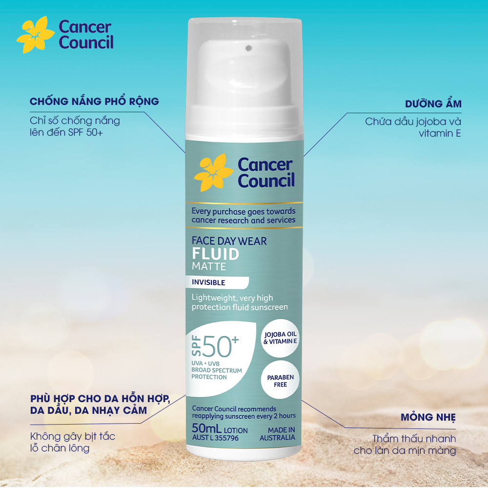 Sữa Chống Nắng Cancer Council Mỏng Nhẹ Dùng Hằng Ngày Invisible Fluid Matte SPF50+ PA++++ 50ml