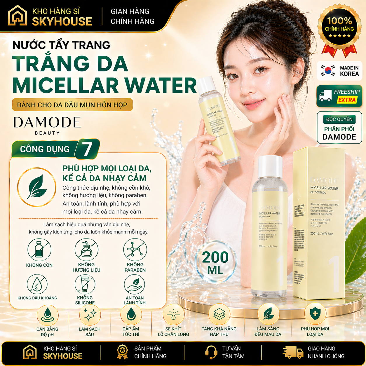 Nước tẩy trang cho da dầu mụn MICELLAR WATER DAMODE chai 200ml nước tẩy trang sạch sâu chính hãng