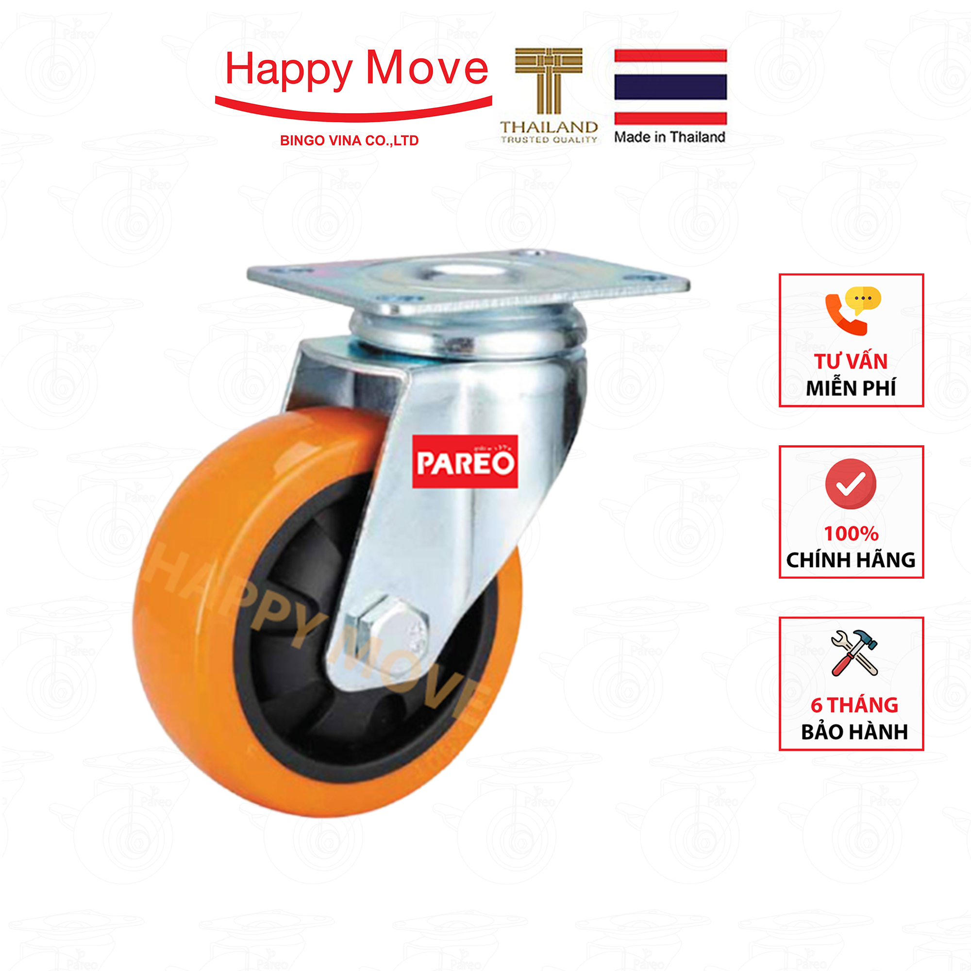 BÁNH XE ĐẨY PU CÔNG NGHỆ CAO, LOẠI CÀNG XOAY 125mm - THƯƠNG HIỆU HAPPY MOVE (THÁI LAN)