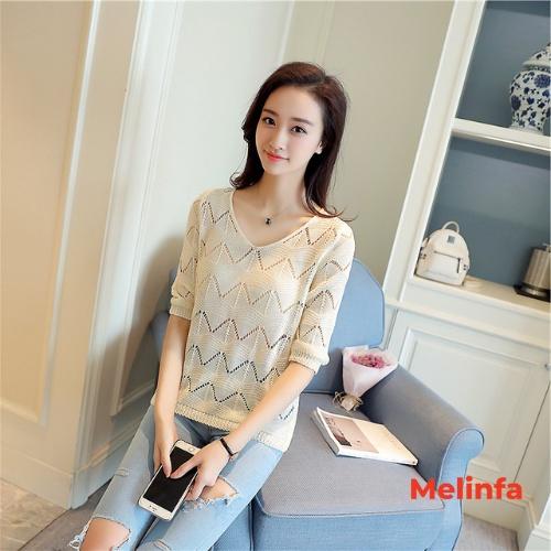 Áo len mỏng nữ cổ V tay lửng dập lỗ len dệt kim mềm mịn co giãn mặc mùa hè mã VAA0314