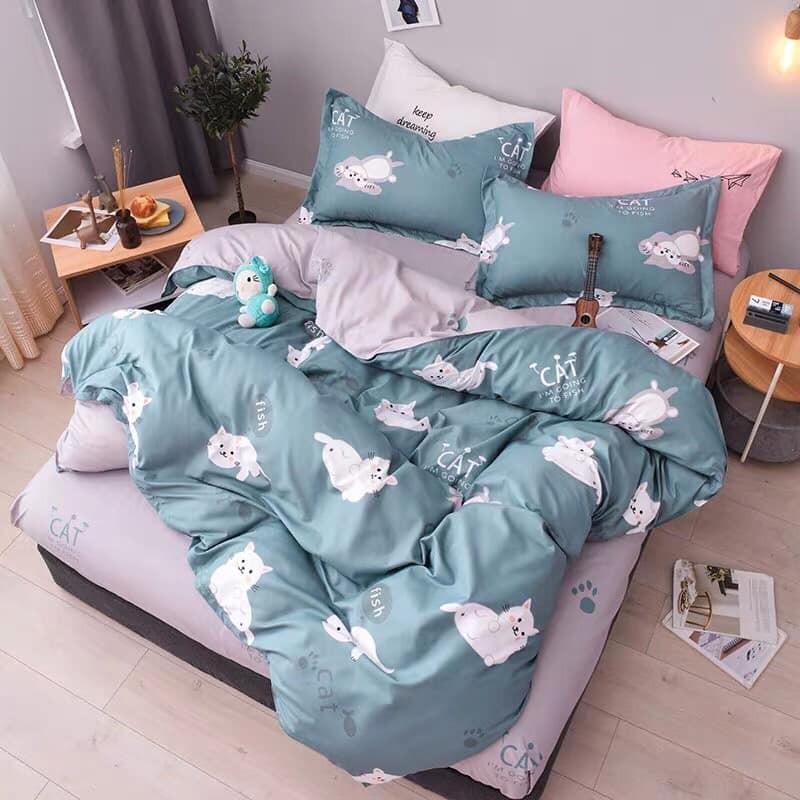 Bộ Vỏ Chăn Ga Gối Cotton 3Dm6/m8/2m - Set 4 Món Cotton 80% Mèo Xanh Đáng Yêu Cao Cấp