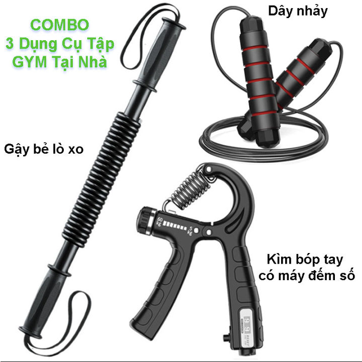 COMBO 3 - 1 gậy bẻ lò xo 20kg, 30kg, 40kg, 50kg, 60kg - 1 kìm bóp tay có máy đếm số - 1 dây nhảy lõi thép siêu bền - Hàng chính hãng dododios