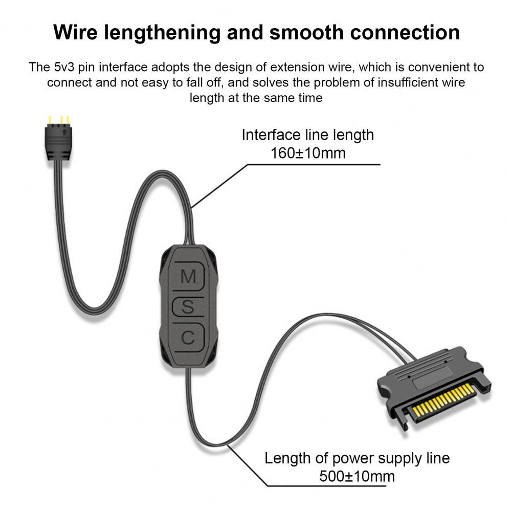 ARGB Controller Lengthen Cable Wide Compatibility 3 Pin to SATA Pin Power Supply Case Fan Black Mini RGB Controller