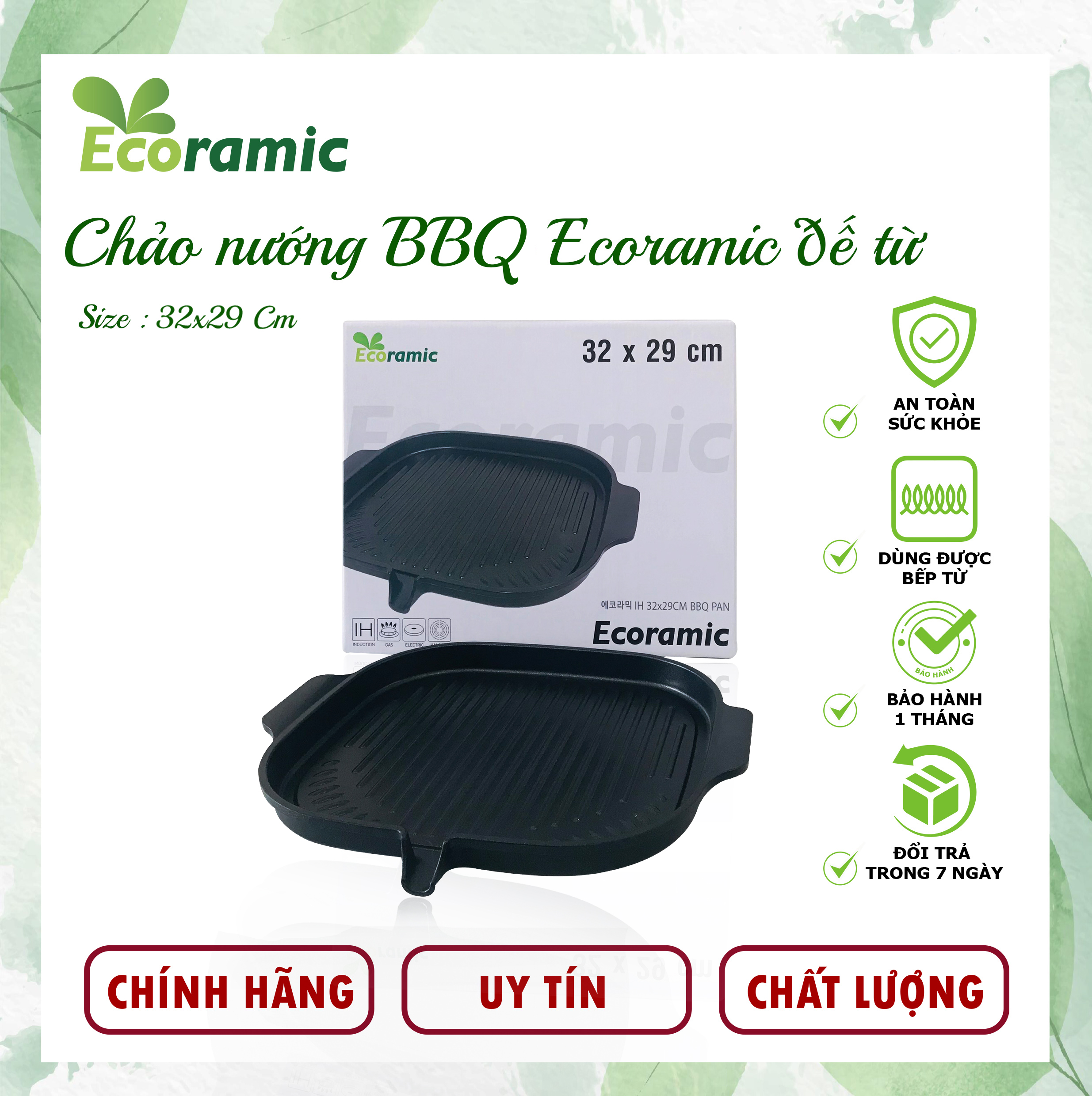 Chảo Nướng BBQ Ecoramic Đáy Từ Chống Dính, Siêu Bền, Dùng được cho tất cả các loại bếp, Bảo hành chính hãng 2 tháng