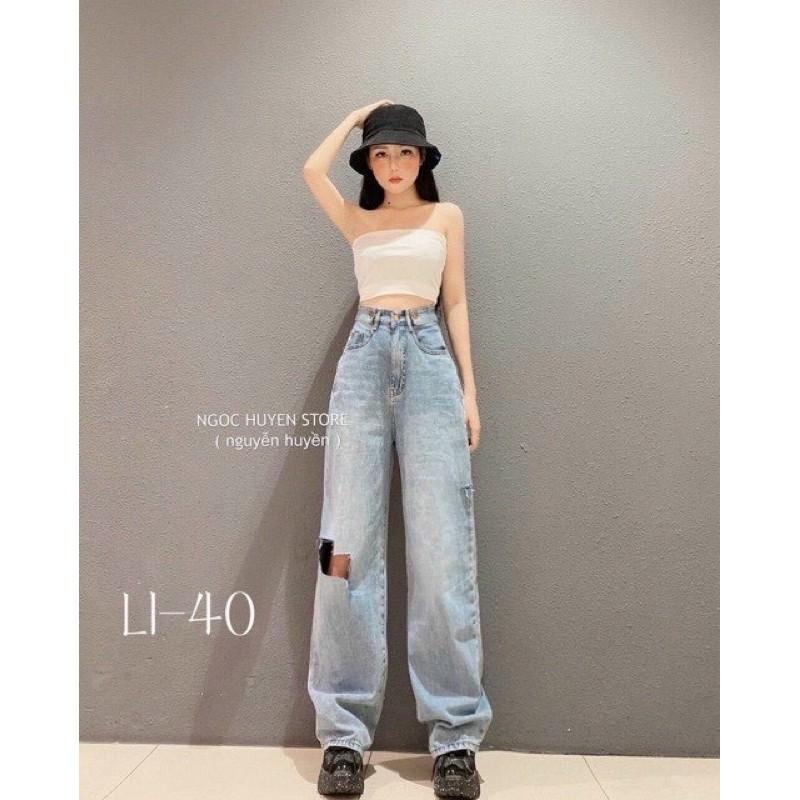 Quần baggy jeans rách gối ongs rộng lưng cao