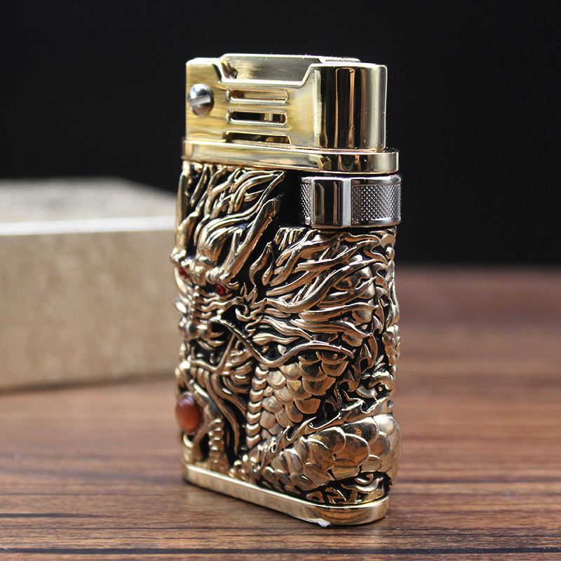 Vỏ Hột Quẹt Bật Lửa Xăng Đá Chief CF218R Đánh Đá Tự Động Hình Rồng Nổi Sang trọng - Dùng Xăng Bấc Đá Ippo Cao Cấp