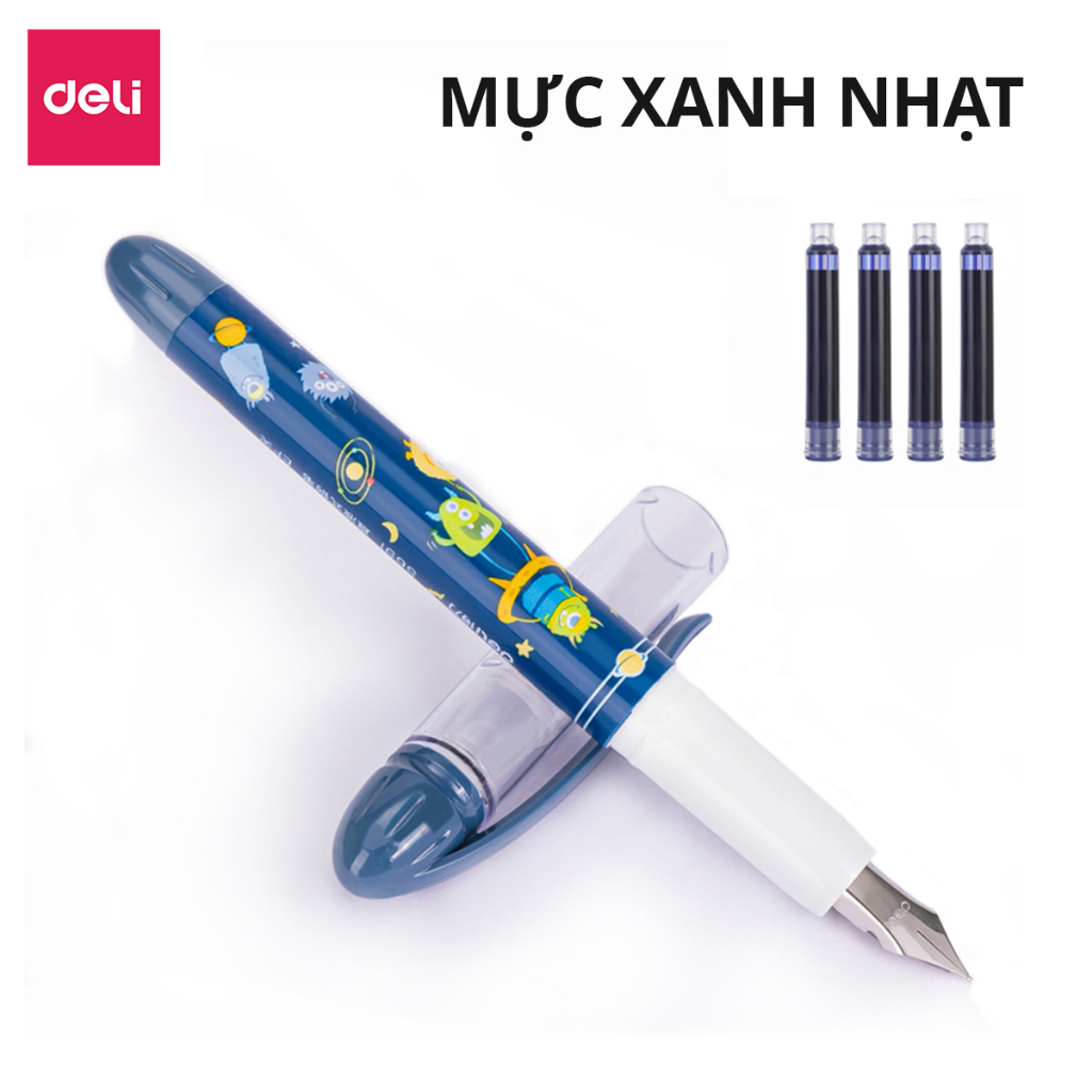 Set 2 bút máy học sinh kèm ống mực xanh cao cấp Deli, bút luyện viết chữ đẹp, tập viết chính tả họa tiết dễ thương