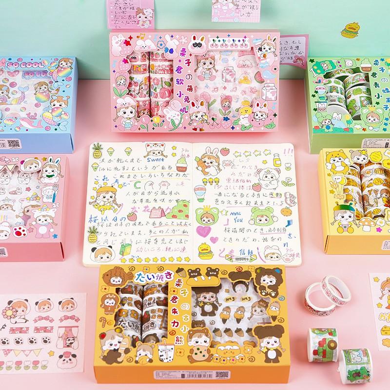 Hộp 10 Washi Tape 10 Sticker Cô Bé Cute Dễ Thương Băng Keo Dính Hình Dán Stickers Trang Trí Sổ Tay Xinh