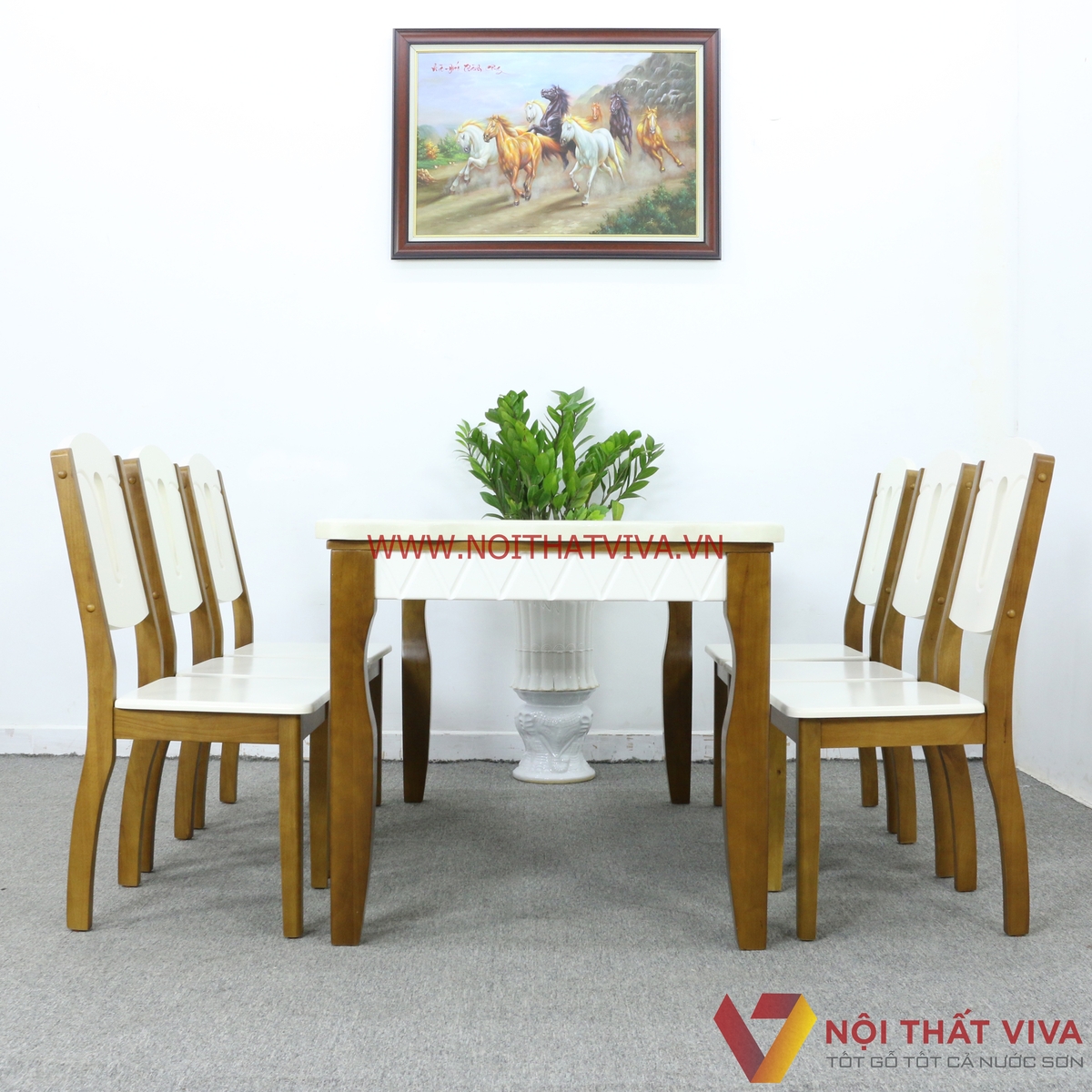 Bộ Bàn Ăn Mặt Đá Cẩm Thạch Gỗ Xoan 6 Ghế Màu Óc Chó Phối Trắng Cao Cấp