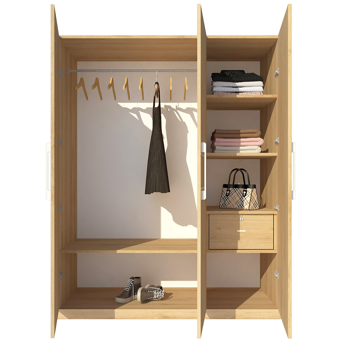 Tủ quần áo gỗ MDF Tundo 3 cánh màu vàng sồi 160 x 55 x 200cm