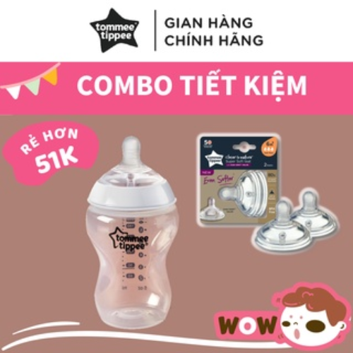 COMBO Bình sữa ty siêu mềm tự nhiên Tommee Tippee Closer to Nature 340ml &amp; Núm ty silicon thay thế 6M+