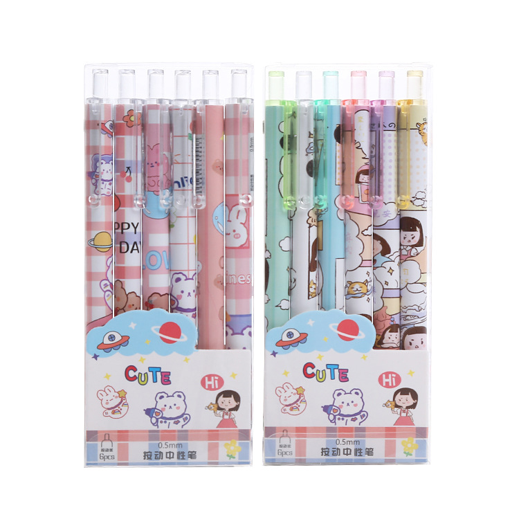 Set 06 bút gel bấm mực đen hoạt hình cute 0.5mm