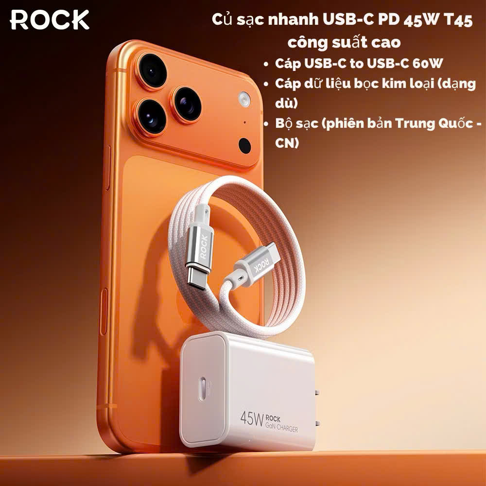 Bộ sạc nhanh cho điện thoại Rockspace T45 củ PD 45W và dây dù type C - Hàng chính hãng bảo hành 12 tháng