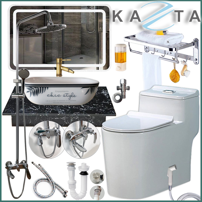 Combo Thiết Bị Nhà Tắm Cao Cấp KAZTA KZ-CBT02: Bồn Cầu Xả Xoáy Nắp Êm-Lavabo Đặt Bàn Đá-Sen Tắm Đứng Nóng Lạnh-Kèm Bộ Phụ Kiện Nhà Tắm