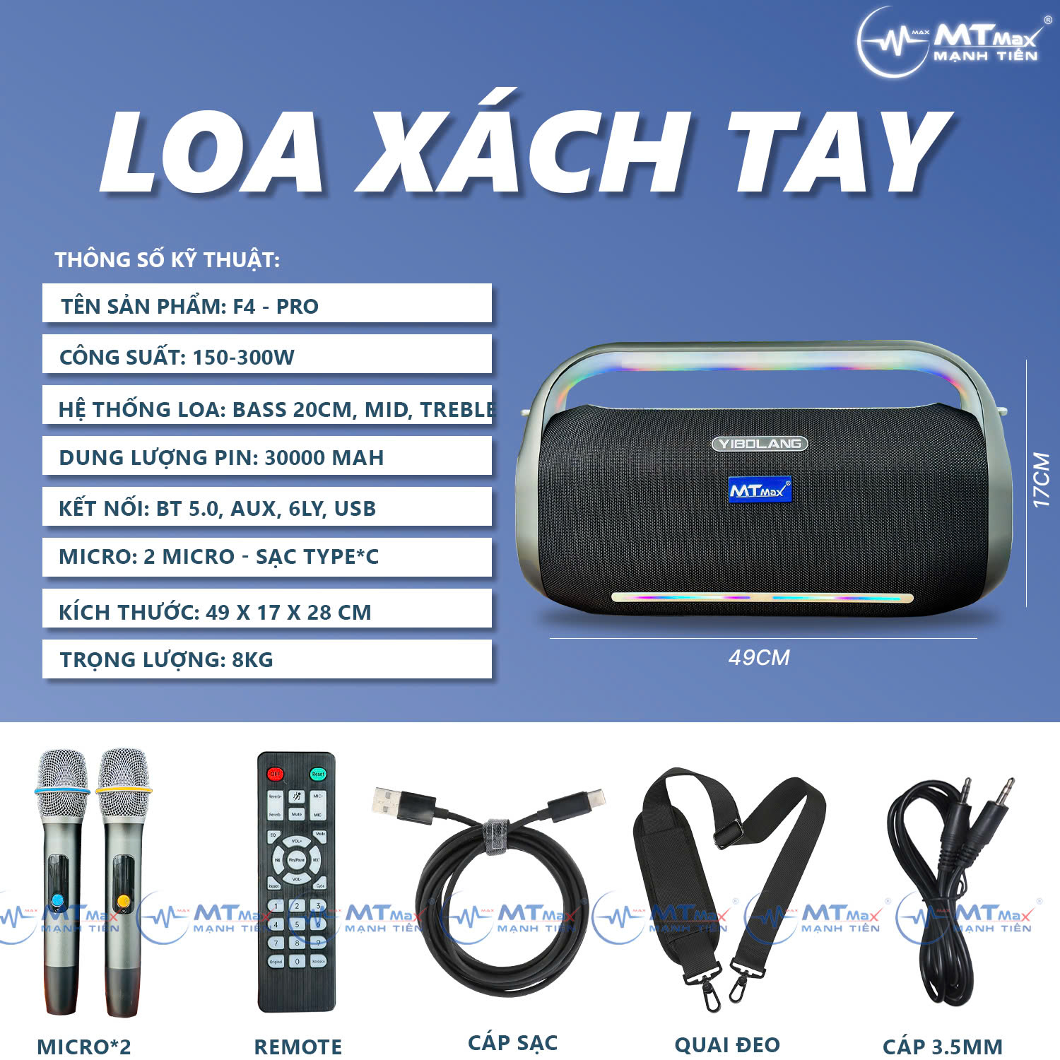 Loa Xách Tay YIBOLANG F4 - Pro - Công Suất 300W, 1 Bass 20 Trung Treble, Âm Thanh Đánh Cực Khủng, Nghe Siêu Hay, Tặng Kèm 2 Micro Không Dây Và Phụ Kiện Dây Đeo Chéo. HÀNG CHÍNH HÃNG
