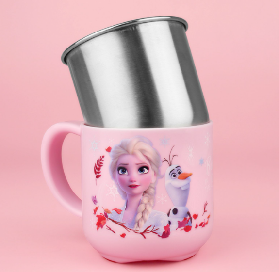 Ly cốc giữ nhiệt Disney in hình Elsa Anna Frozen P.2 màu hồng có nắp và quai cầm cho bé - 260ml