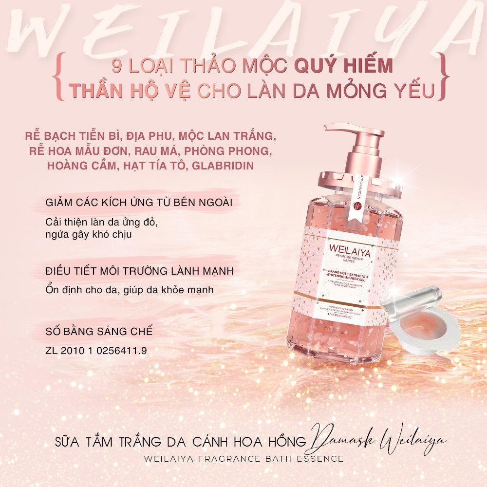 Sữa tắm trắng da chiết xuất cánh hoa hồng Damask Weilaiya Grand Rose Extracts Whitening Shower Gel chai 450ml